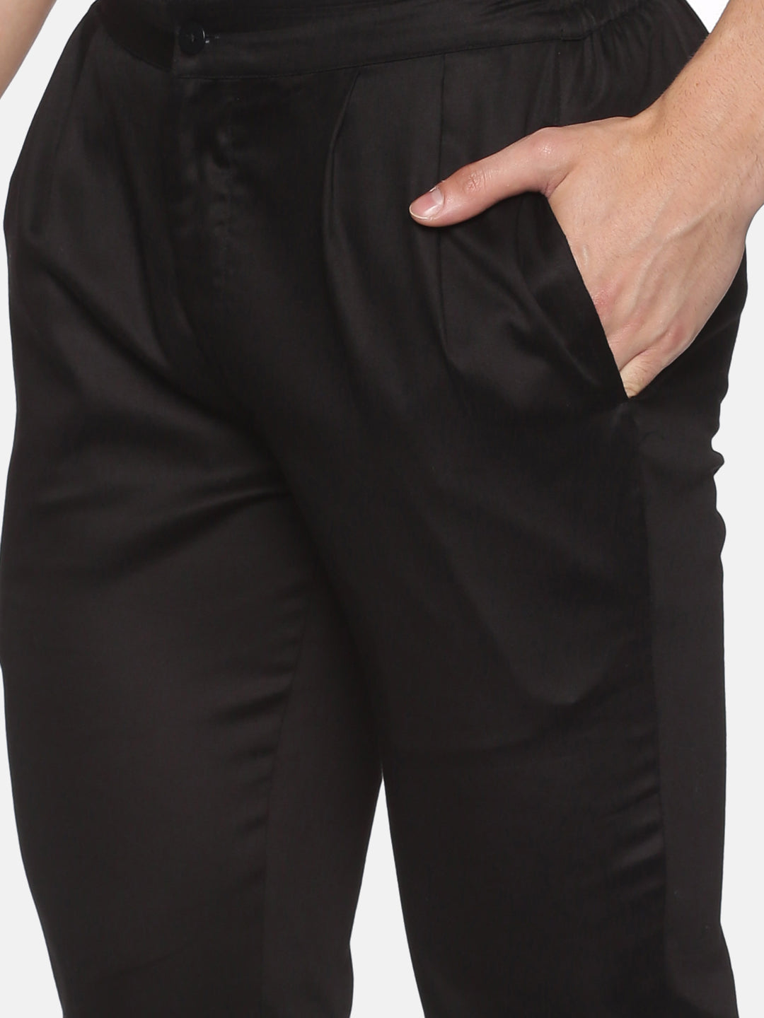 Black Cotton Satin Regular Fit Trouser with Pleated Front
