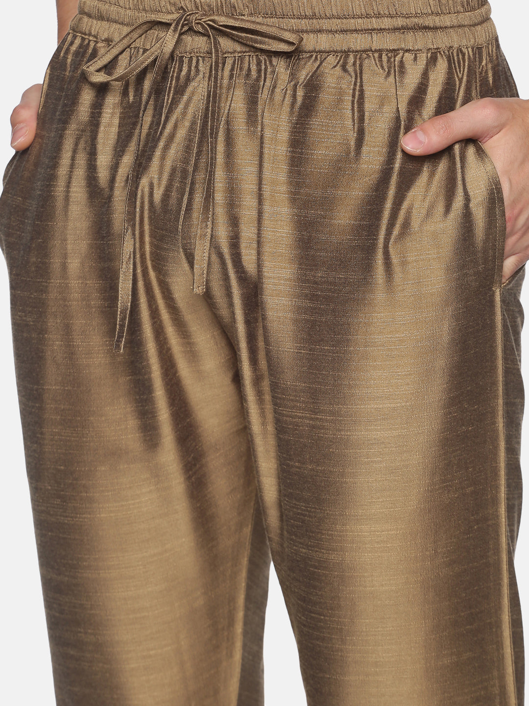 Gold Art Silk Slub Elasticated Trouser with Drawstring
