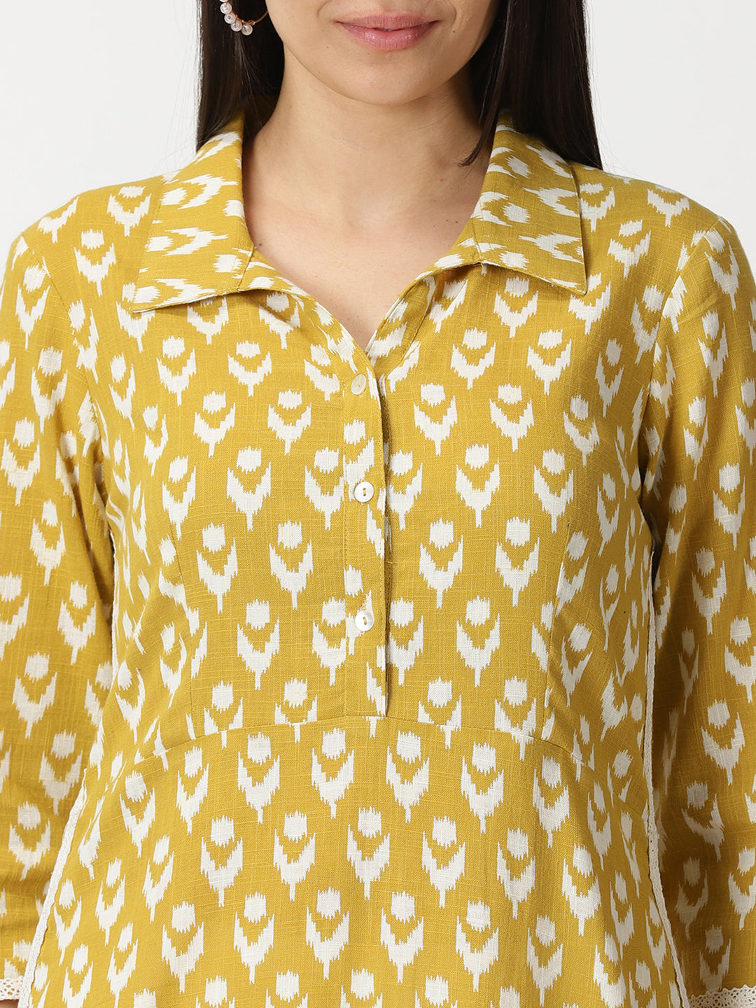 Mustard Ikat Print Cotton Shirt Collar Kurta