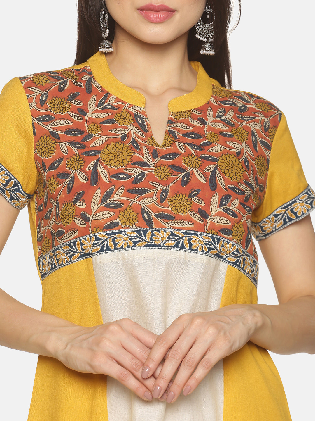 Mustard Cotton Flax Panelled Kurta with Printed Yoke & Embroidered Border