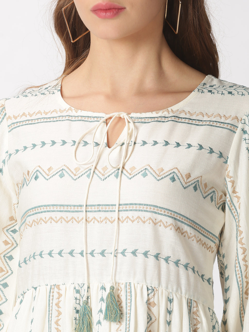 Off White-Blue Cotton Flax Bohemian Embroidered Tiered Dress with Neck Tie-up