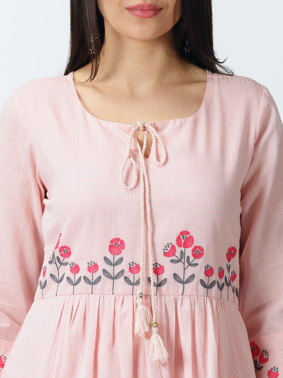 Pastel Pink Empire Midi Dress with Embroidered Details