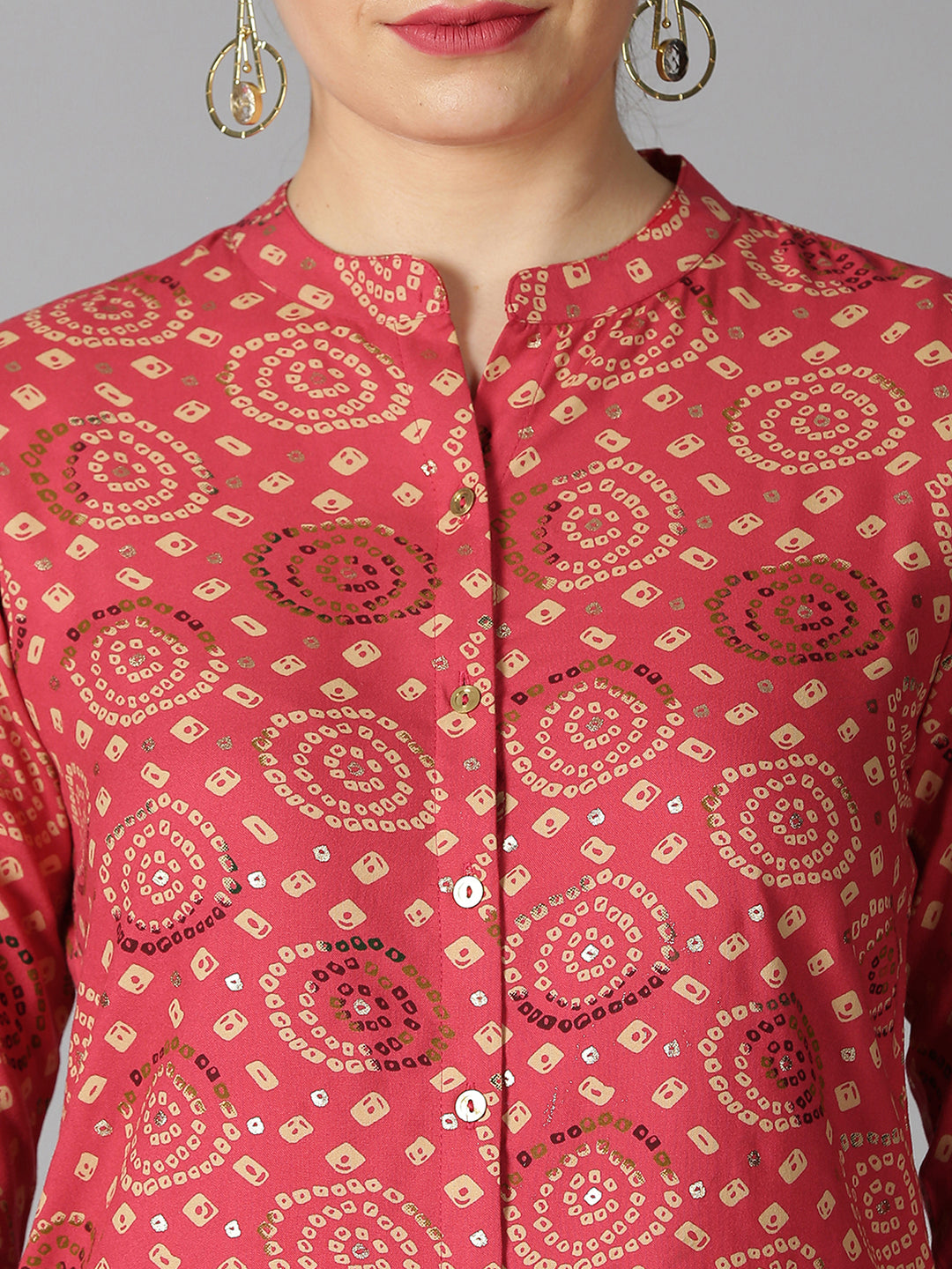 Coral Rayon Bandhani Printed Button-Down Tunic