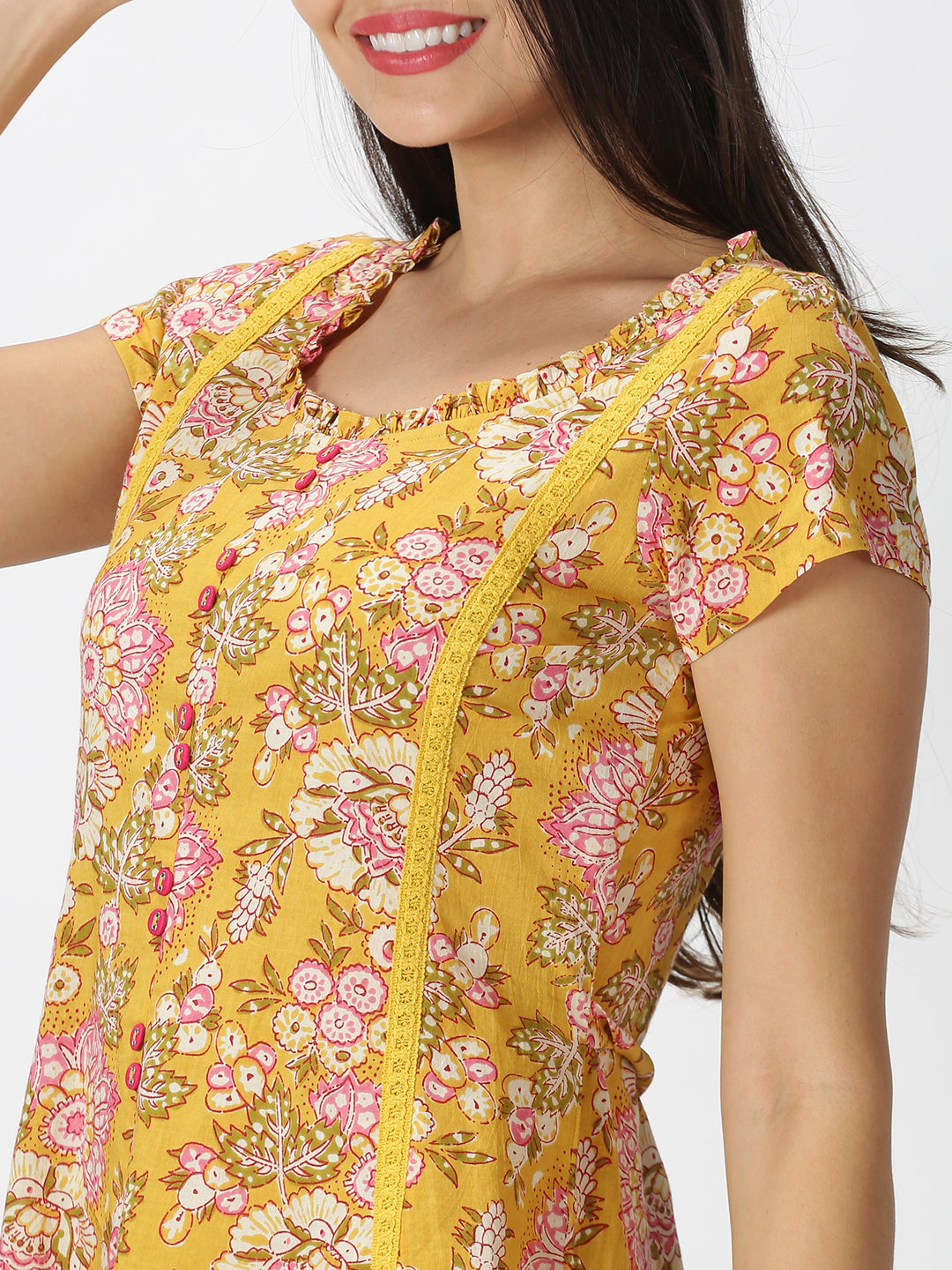 Yellow Floral Printed Midi Dress with Waist Tie-up