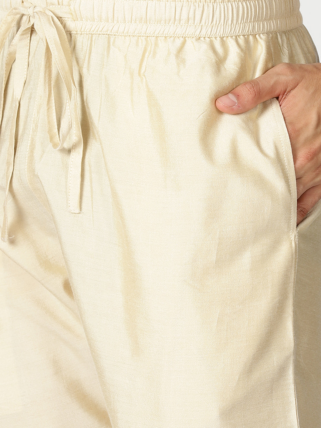 Beige Art Silk Slub Elasticated Trouser with Drawstring