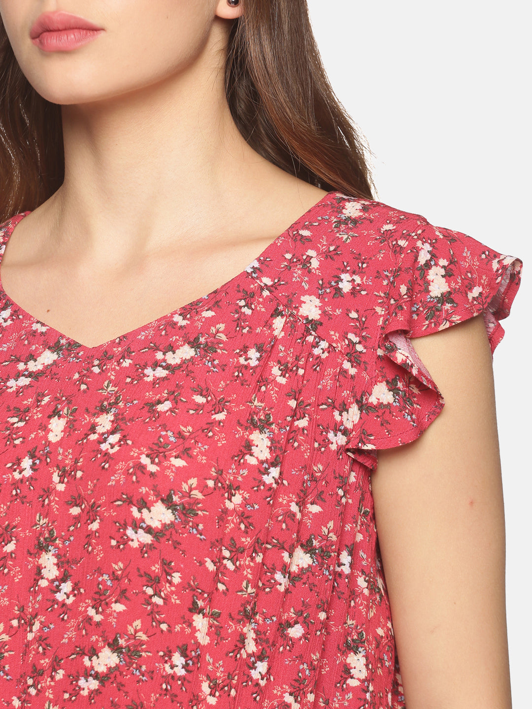 Red Cotton Floral Printed Peplum Top with Frill Sleeves & Waist Tie-up