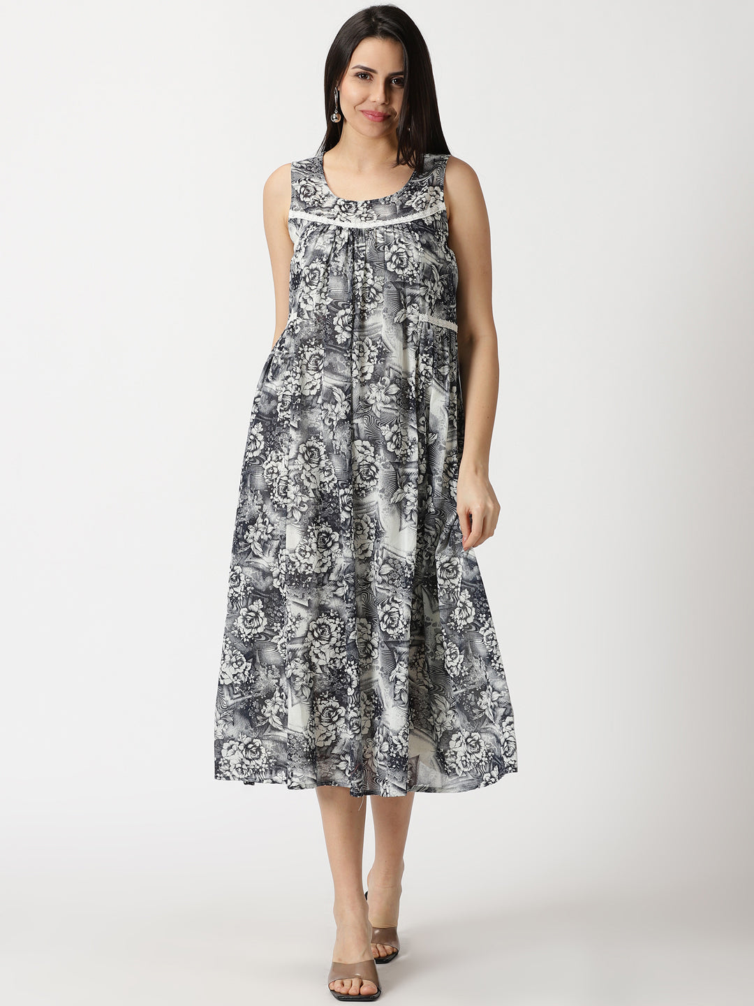 Grey Vintage Floral Cotton A-line Midi Dress
