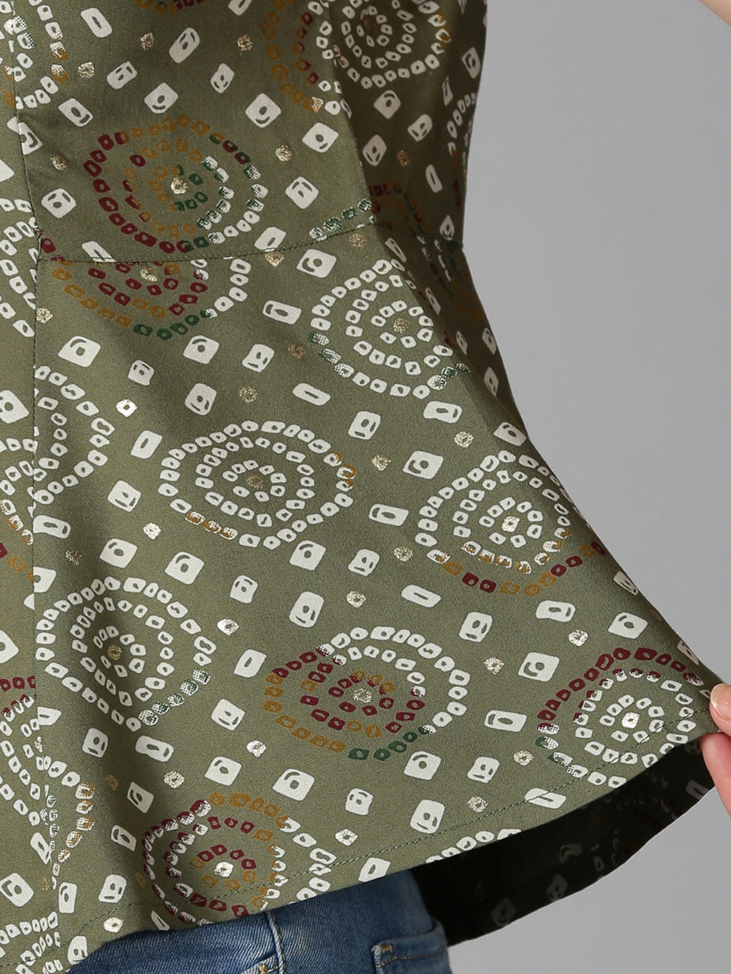 Green Rayon Bandhani Printed A-line Panelled Top