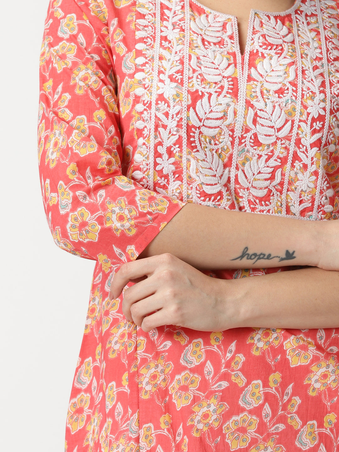 Coral Floral Print A-line Kurta with Lucknowi Chikankari Embroidery