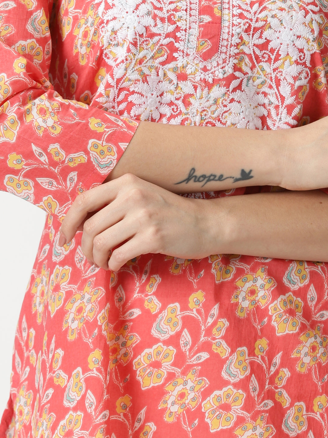 Coral Floral Print Tunic with Lucknowi Chikankari Embroidery