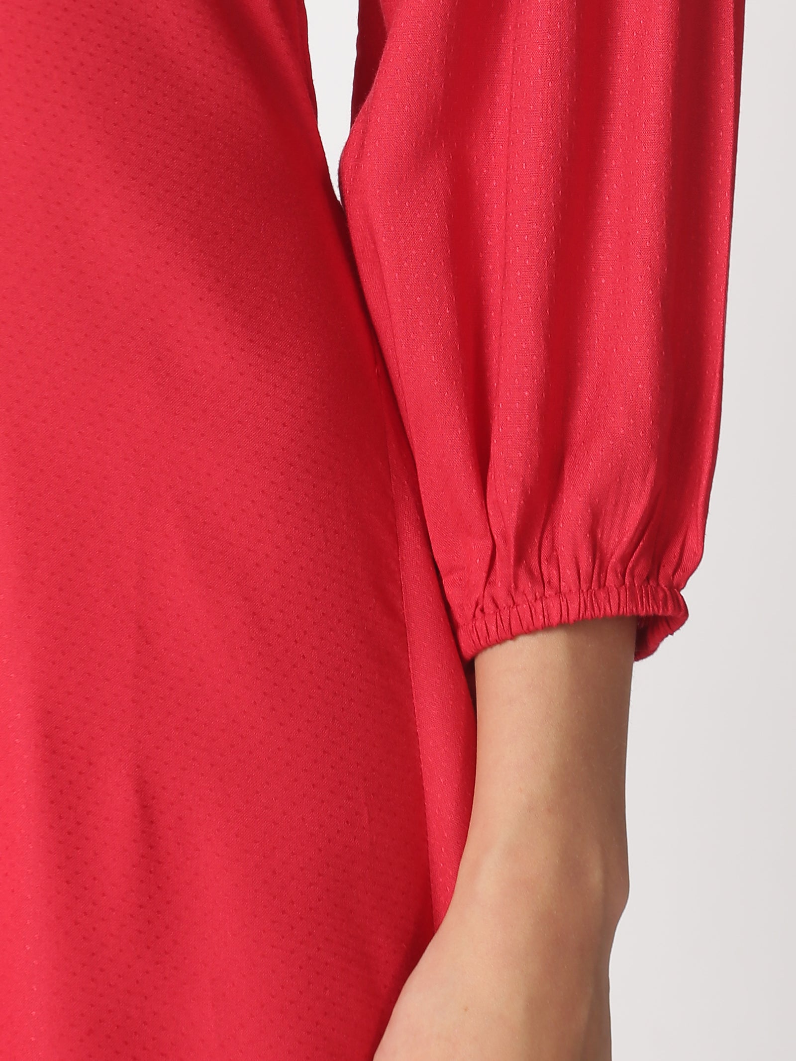 Red Dobby Boho A-line Midi Dress with Puff Sleeves & Flounce Hem