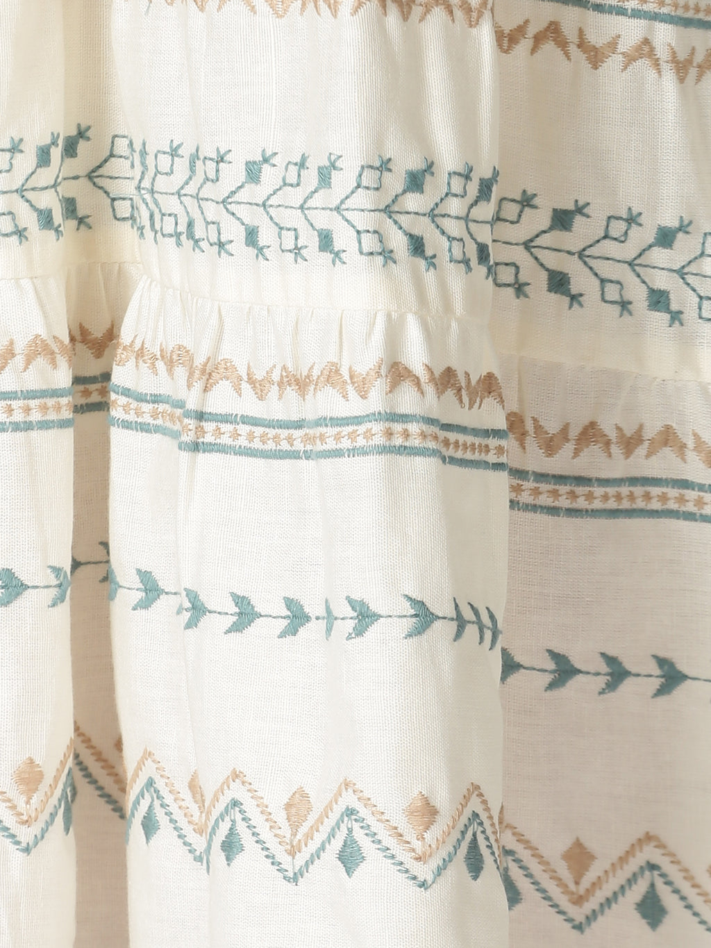 Off White-Blue Cotton Flax Bohemian Embroidered Tiered Dress with Neck Tie-up