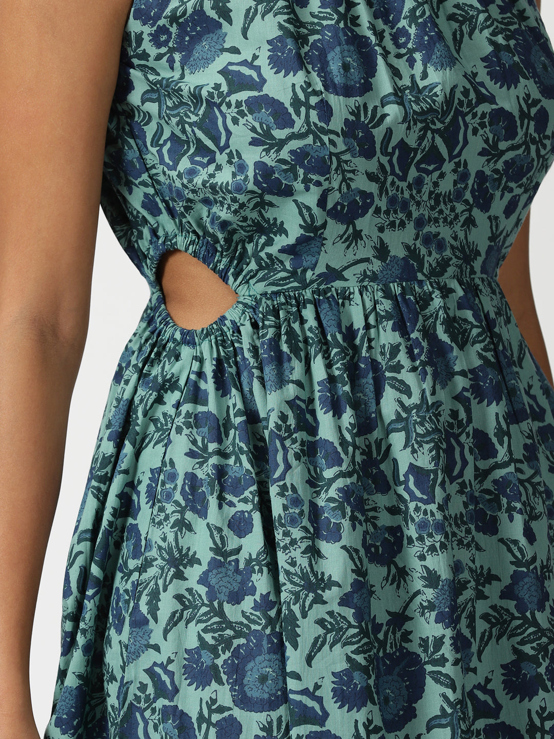 Green Floral Printed Midi Dress with Waist Cutouts
