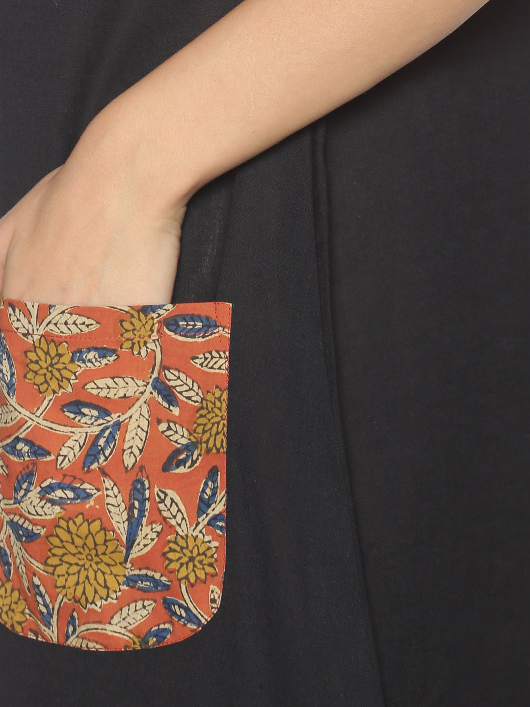 Black Cotton Kalamkari Front Pocket A-line Dress