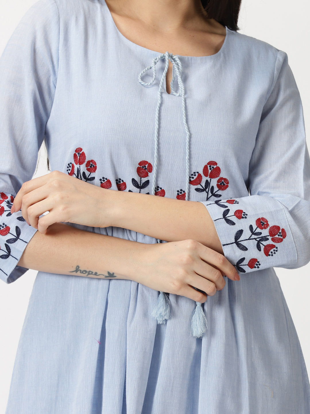 Pastel Blue Empire Midi Dress with Embroidered Details