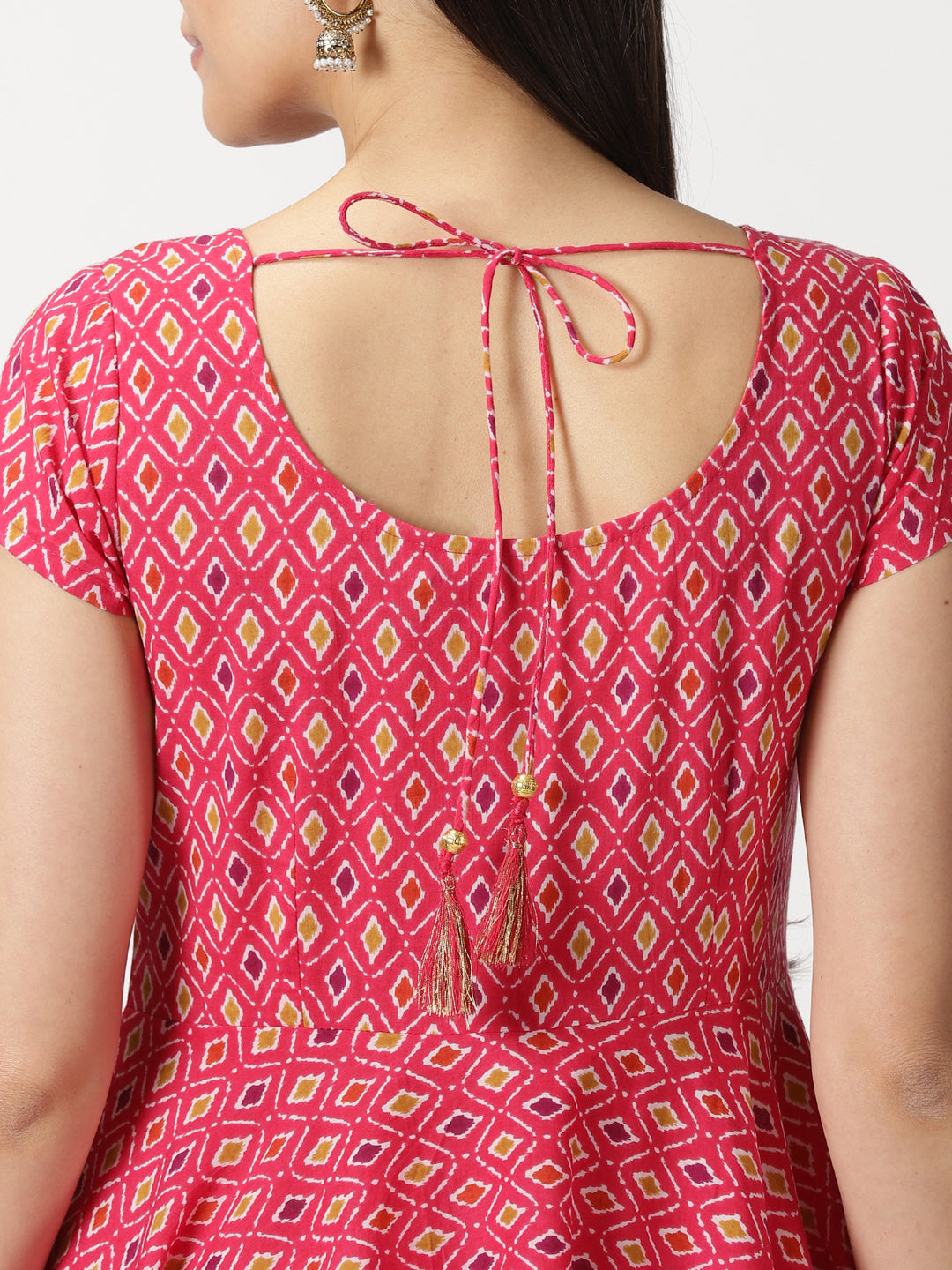 Pink Ikat Print Anarkali Kurta with Neck Embroidery