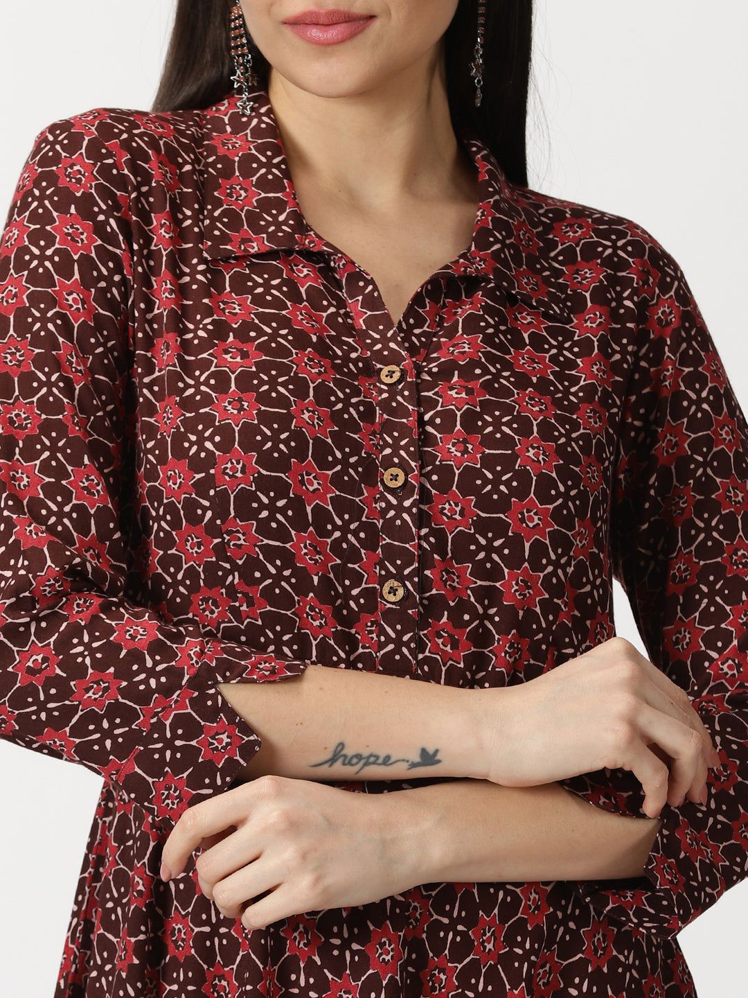 Maroon Abstract Print Shirt Collar Midi Dress