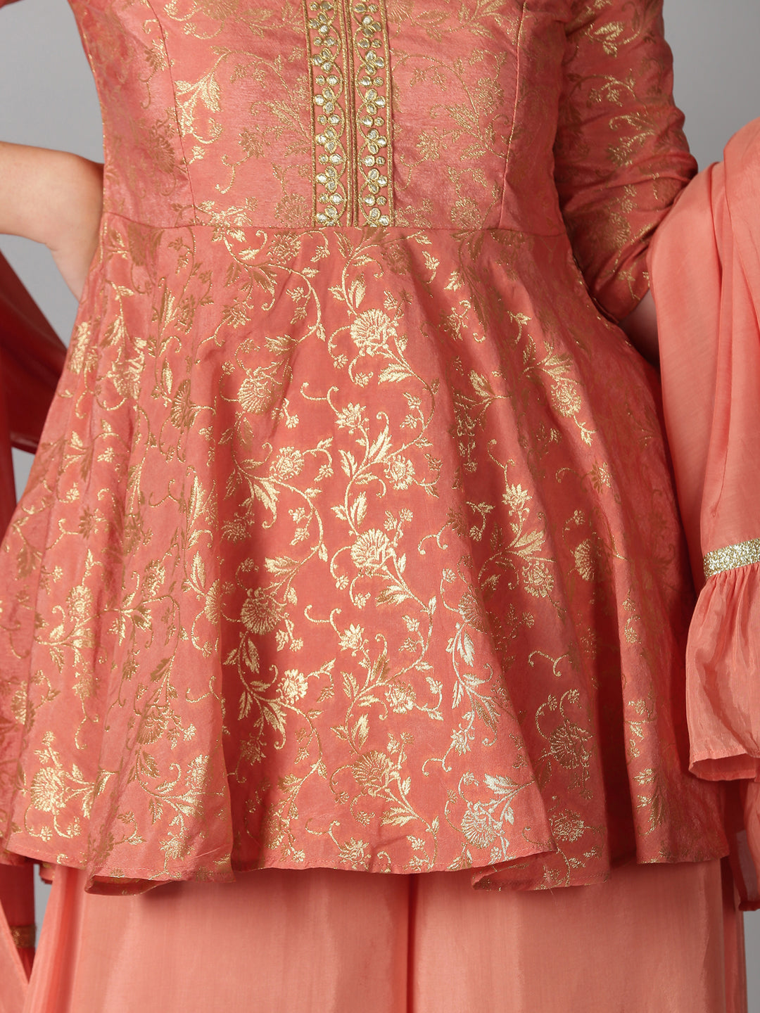 Peach Banarasi Jacquard Peplum Kurta with Flared Palazzos & Dupatta