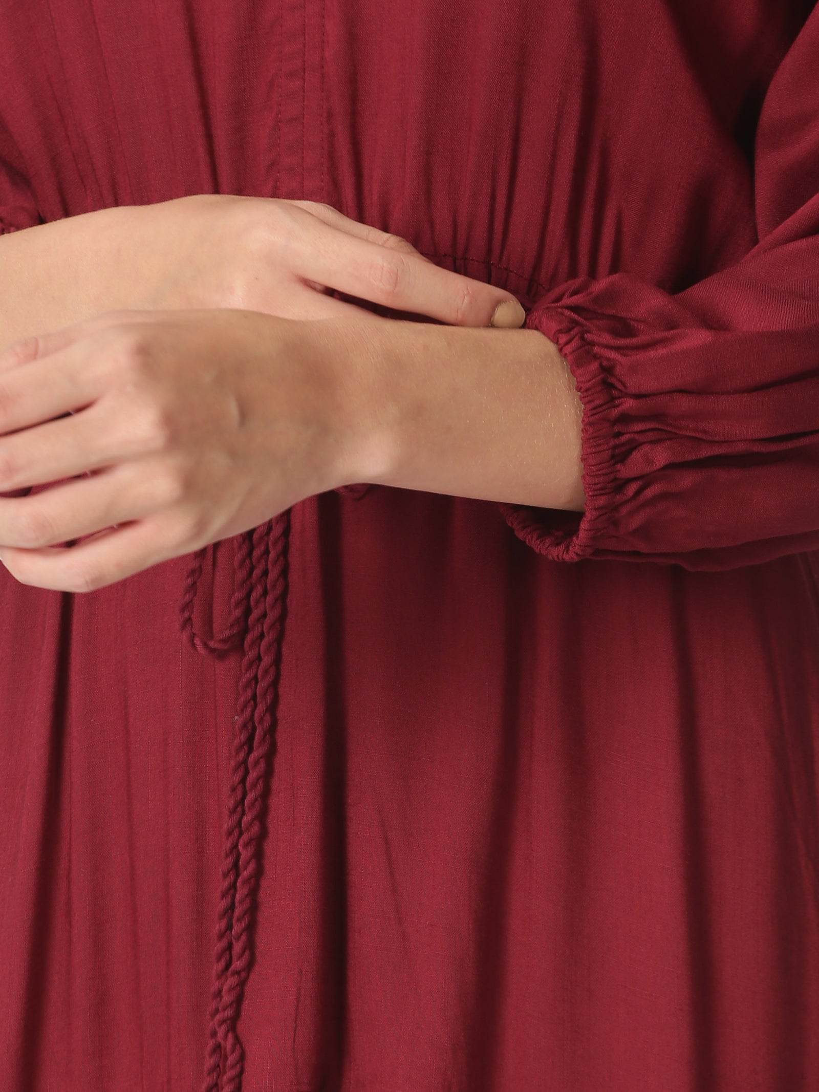 Wine Boho Tiered Midi Dress with Hand-Braided Waist Belt