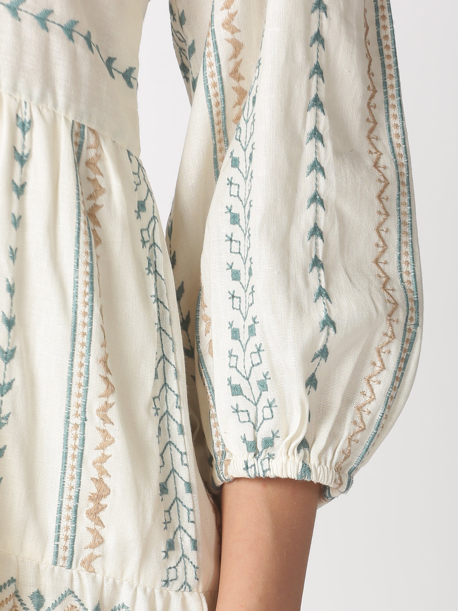 Off White-Blue Cotton Flax Bohemian Embroidered Tiered Dress with Neck Tie-up