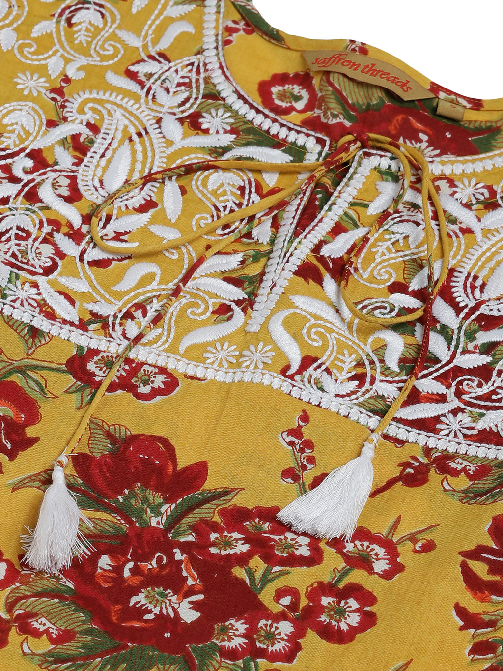 Yellow Floral Printed A-line Kurta with Chikankari Embroidered Yoke