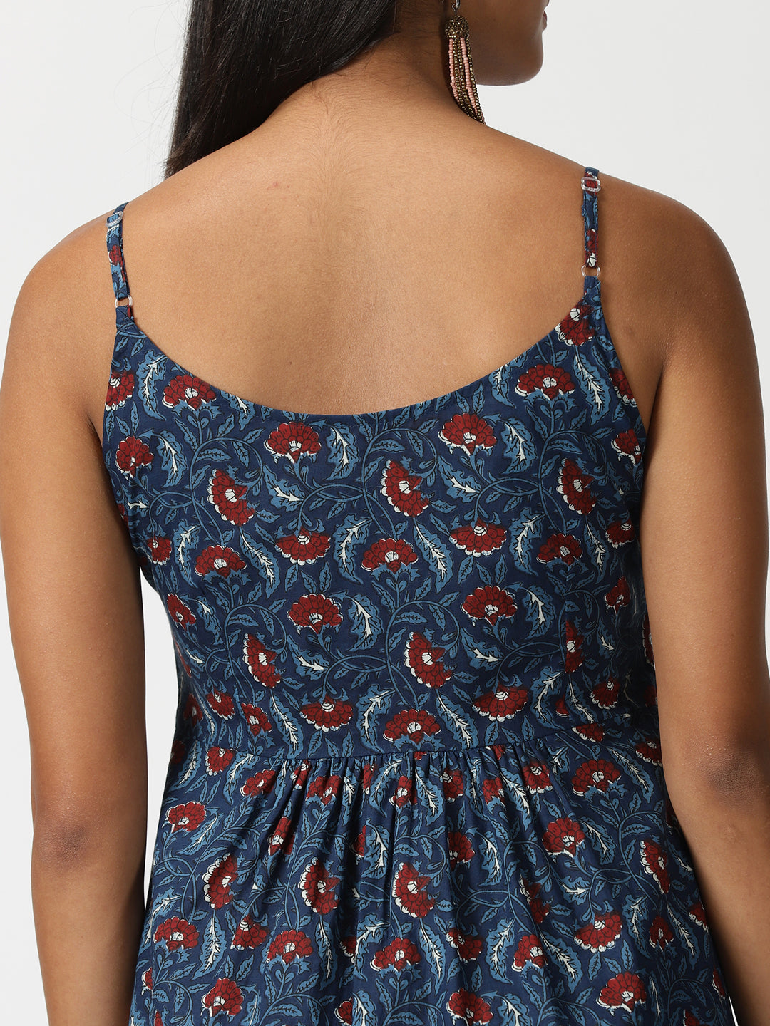 Blue Floral Print Cotton Button-Down Strappy Midi Dress
