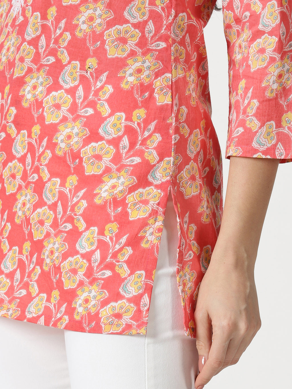 Coral Floral Print Tunic with Lucknowi Chikankari Embroidery