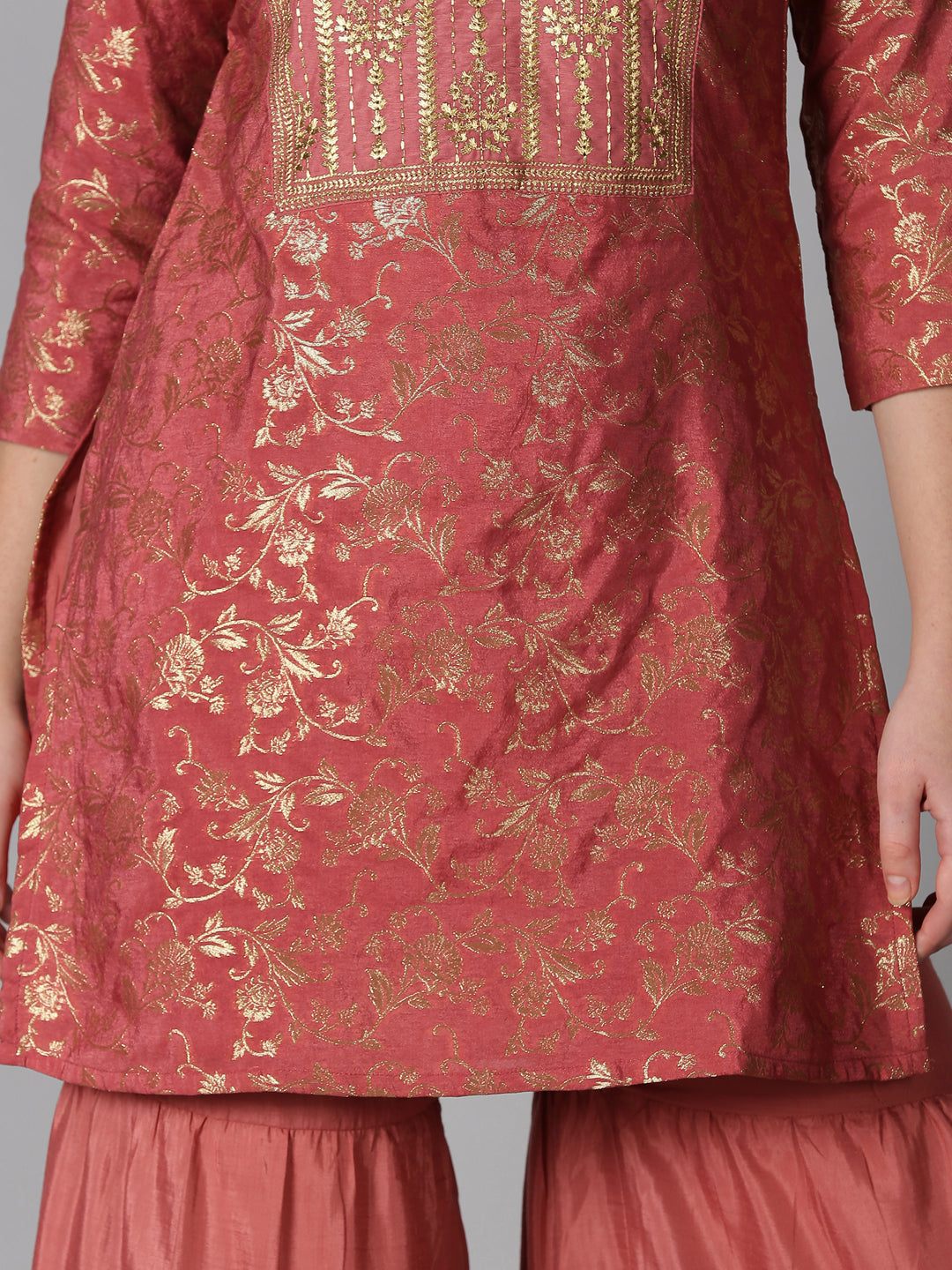 Coral Banarasi Jacquard Kurta with Sharara & Dupatta