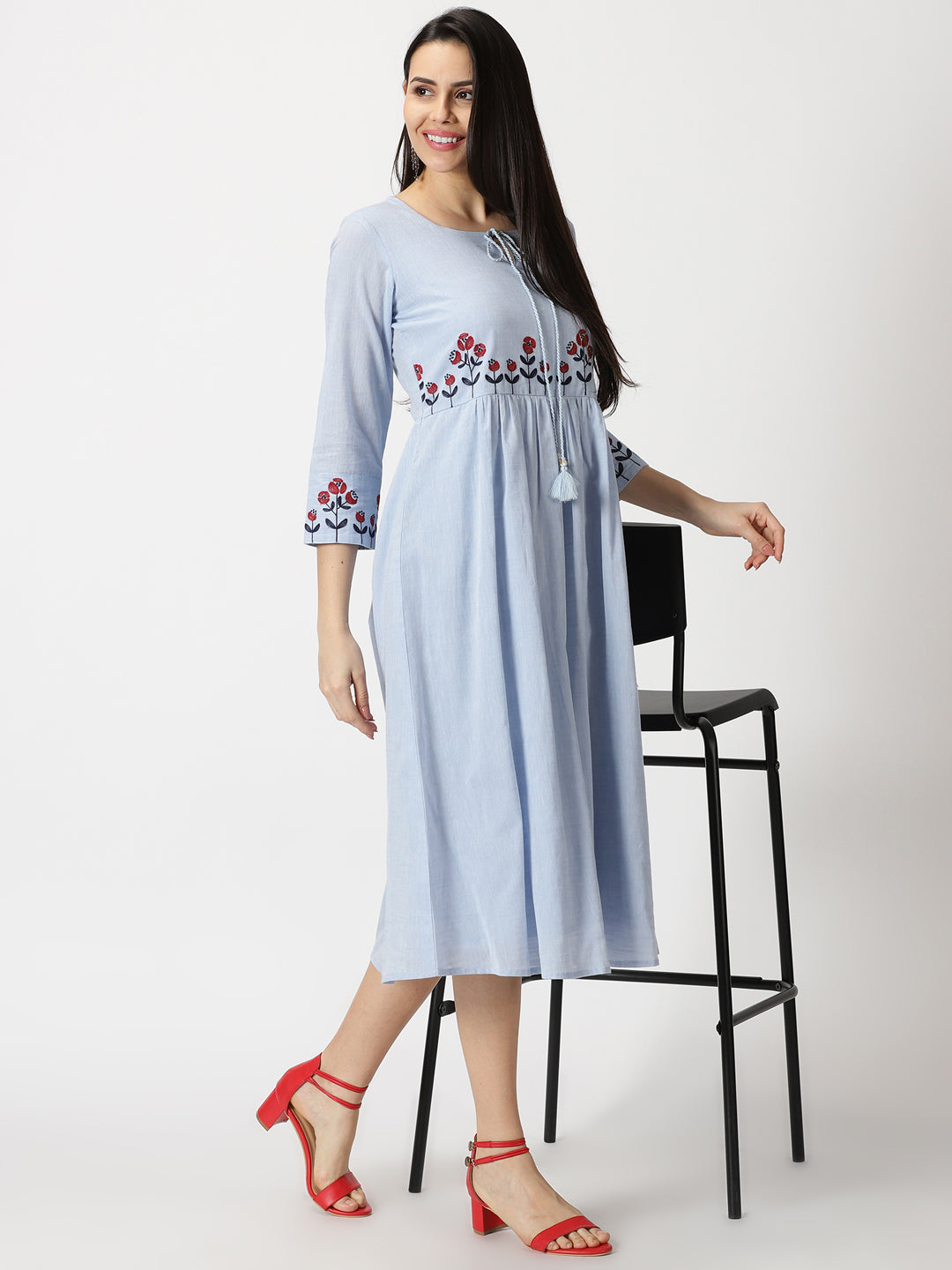 Pastel Blue Empire Midi Dress with Embroidered Details