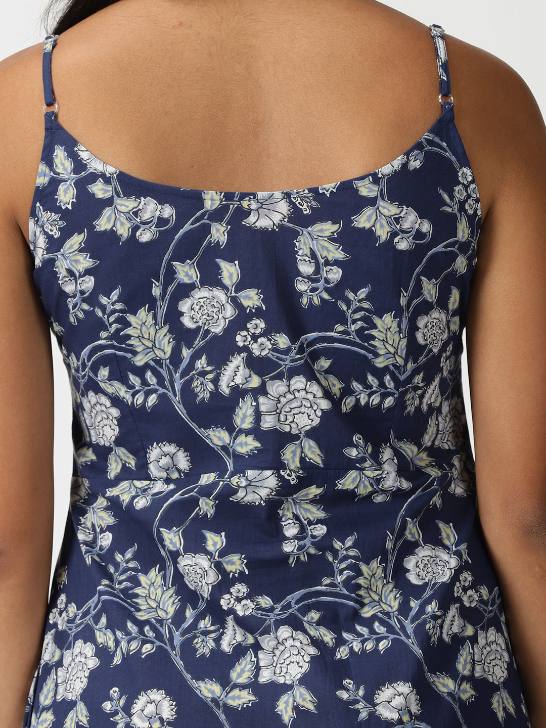 Blue Floral Print Strappy Cotton Midi Dress with Flounce Hem