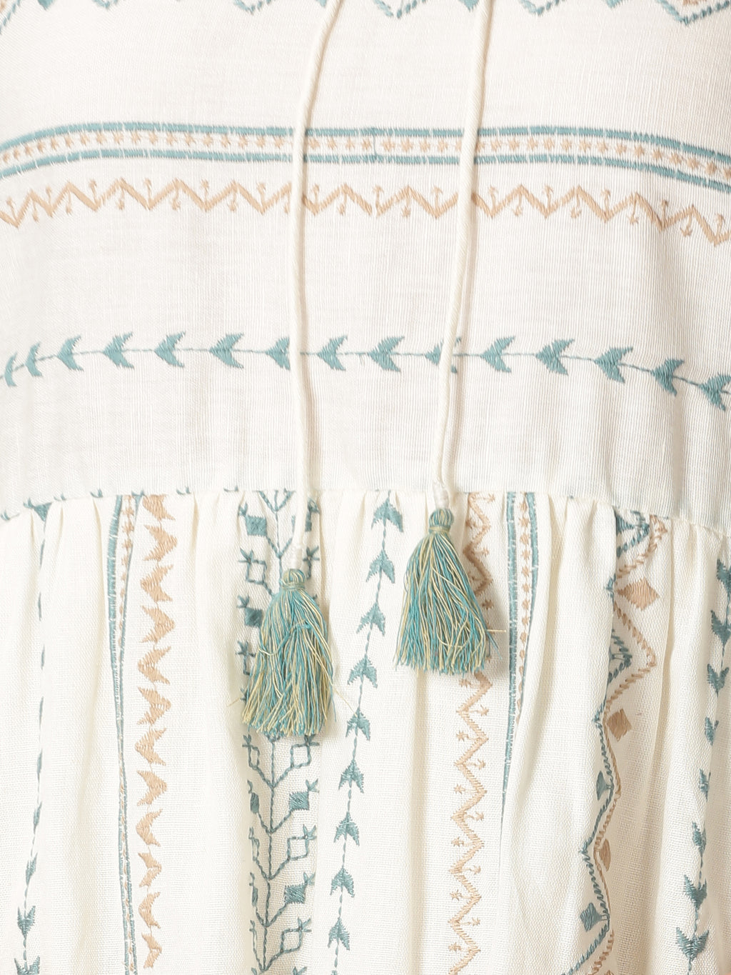 Off White-Blue Cotton Flax Bohemian Embroidered Tiered Dress with Neck Tie-up