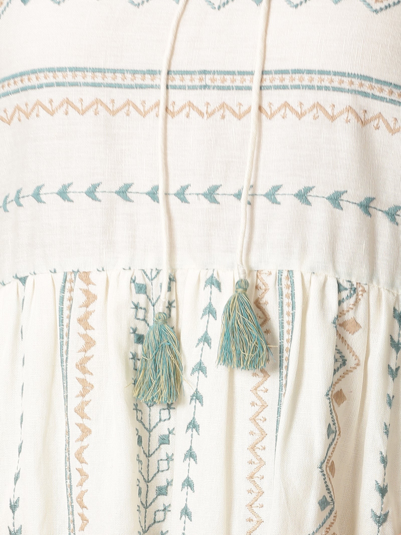 Off White-Blue Cotton Flax Bohemian Embroidered Tiered Dress with Neck Tie-up