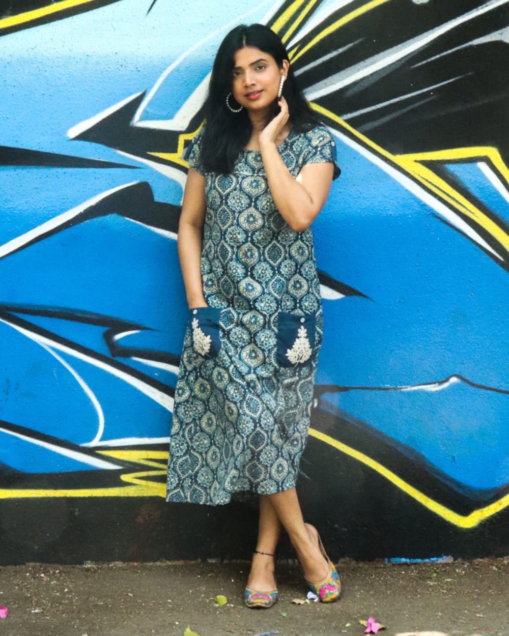 Blue Ethnic Motifs Midi Dress with Embroidered Patch Pockets & Shoulder Tabs