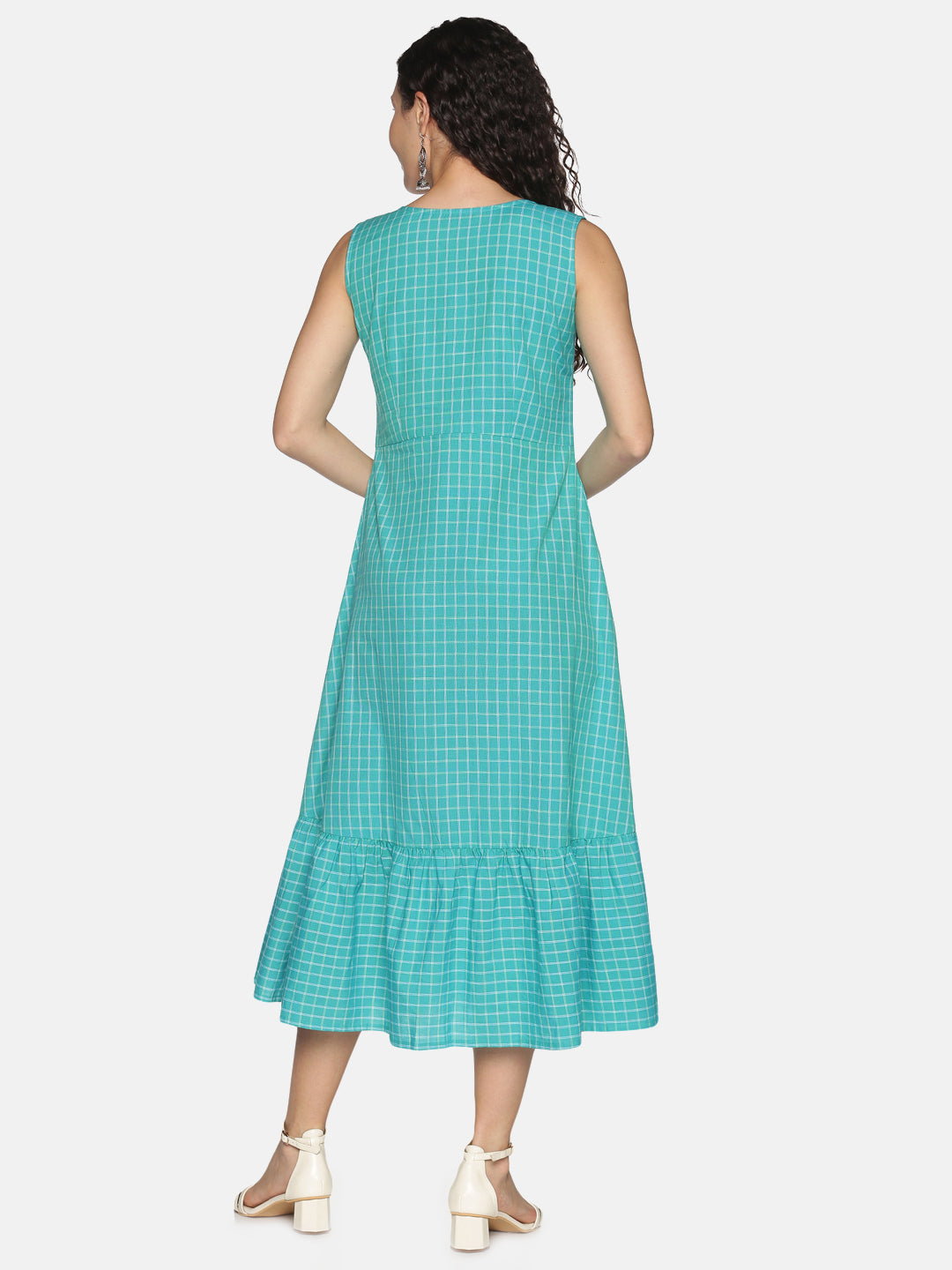 Turquoise Blue Checks A-Line Dress