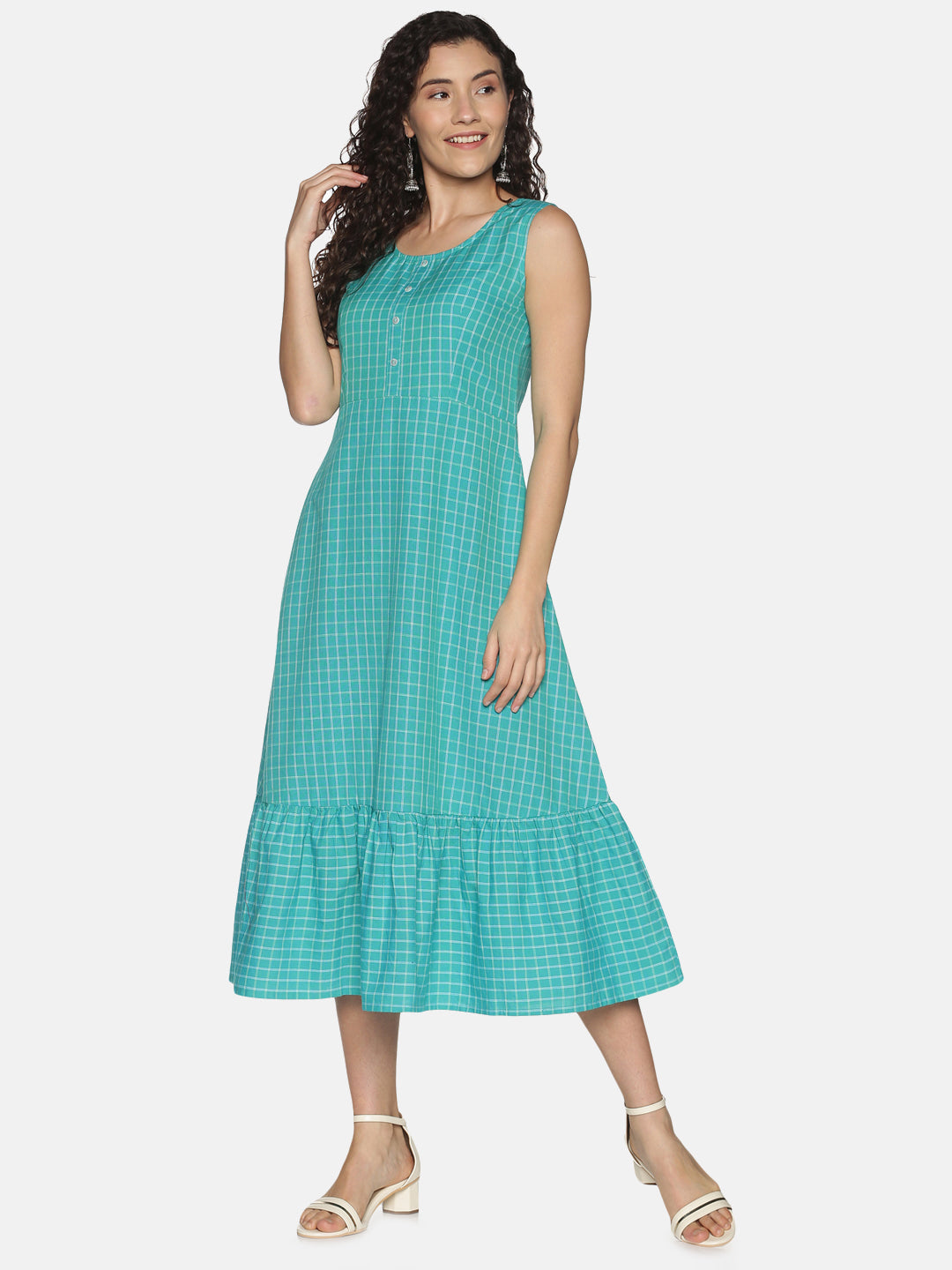 Turquoise Blue Checks A-Line Dress