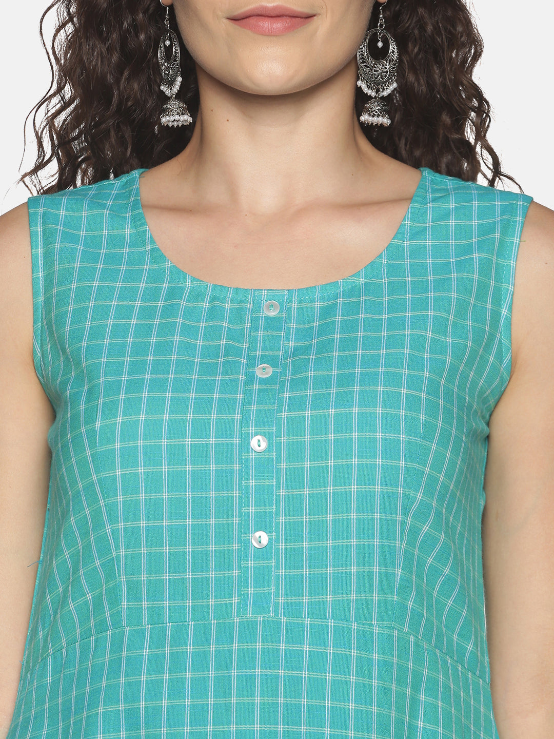 Turquoise Blue Checks A-Line Dress