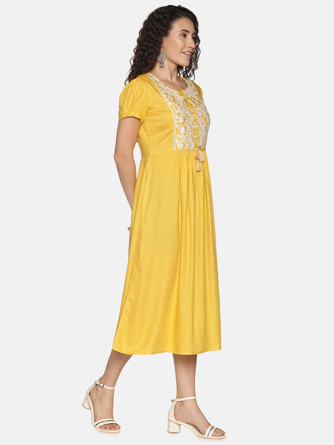 Yellow Embroidered Yoke Dress with Tie-up Neck with Dori & Tassels