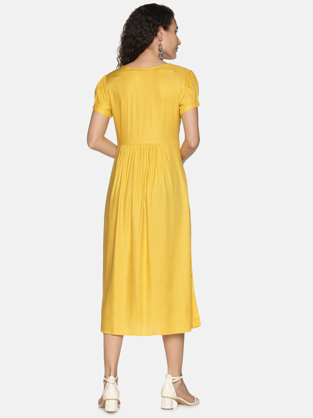 Yellow Embroidered Yoke Dress with Tie-up Neck with Dori & Tassels