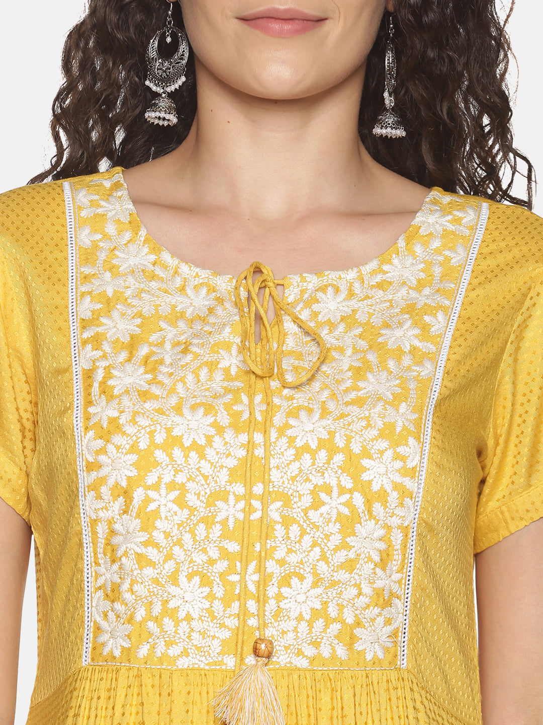 Yellow Embroidered Yoke Dress with Tie-up Neck with Dori & Tassels