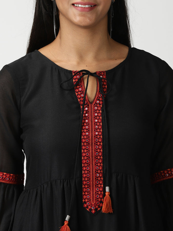 Black Boho Tiered Midi Dress with Embroidered Details - Saffron Threads