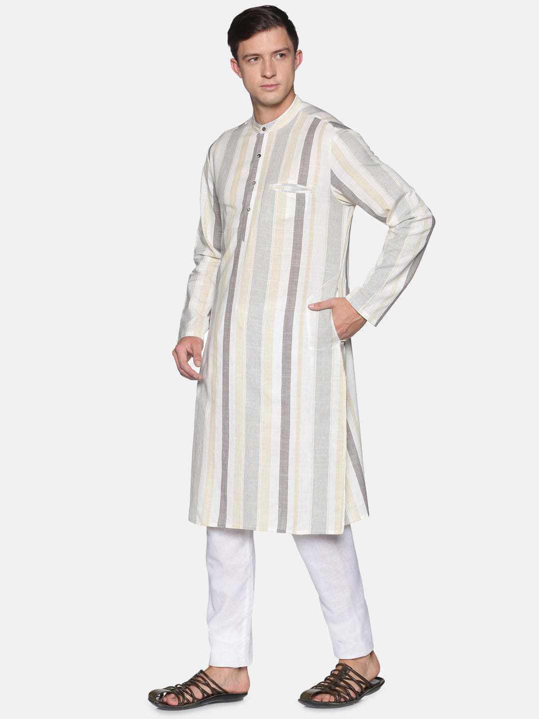 Off white striped kurta with front and both side pockets