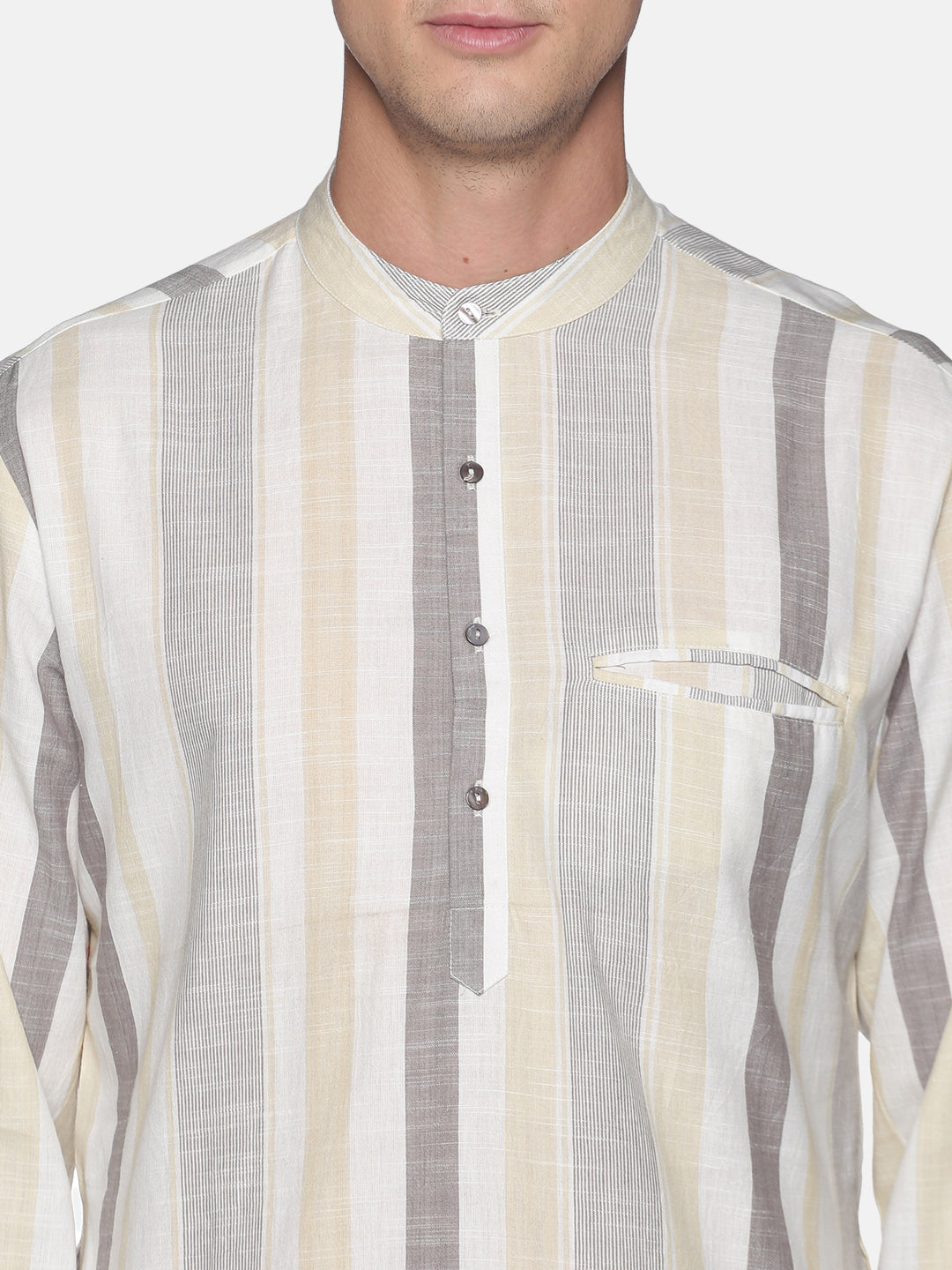 Off white striped kurta with front and both side pockets