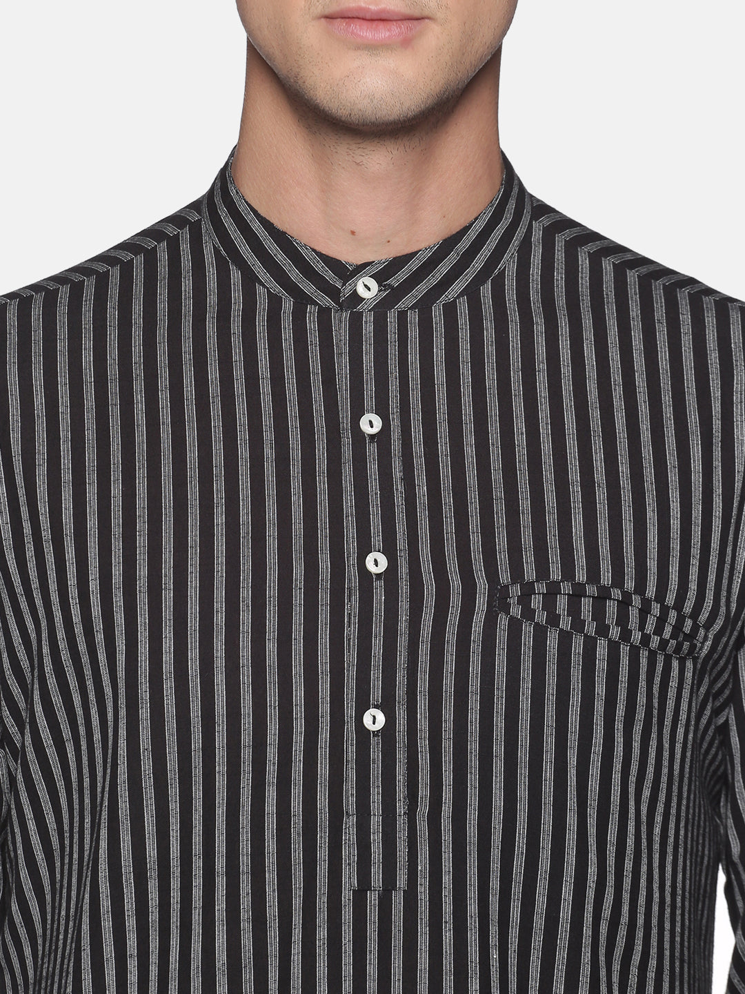 Black striped kurta with front and both side pockets