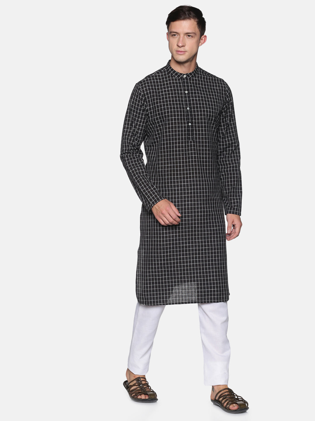 Black checks cotton kurta with both side pockets