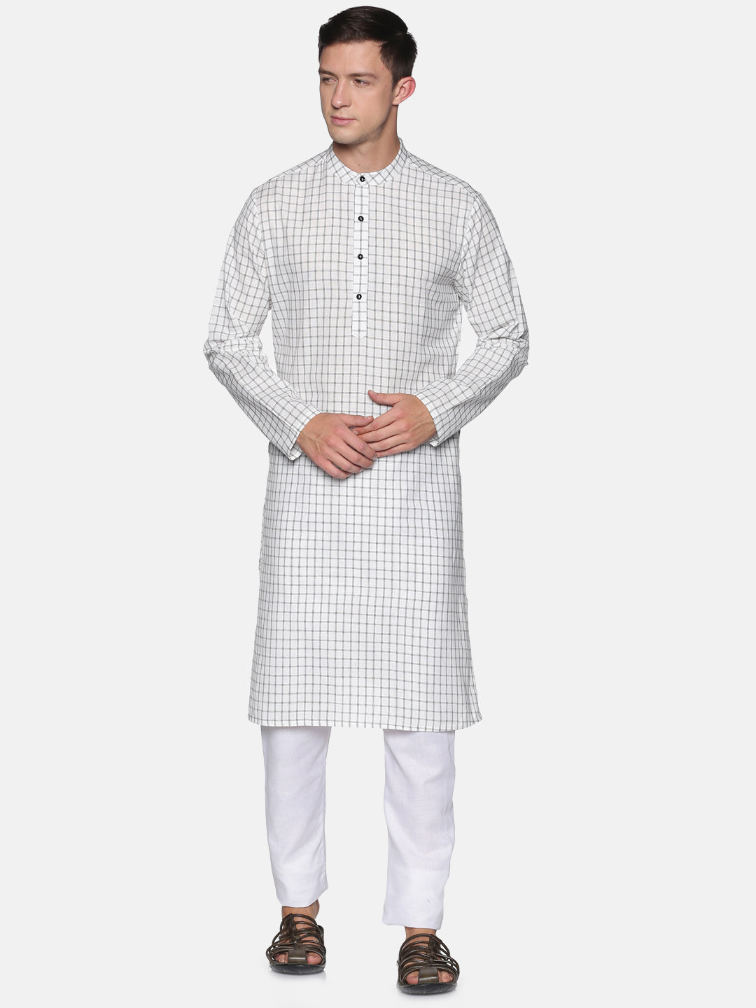 White checks cotton kurta with both side pockets