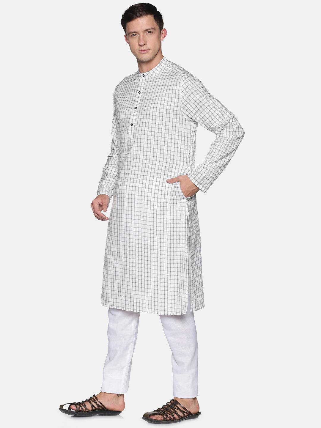 White checks cotton kurta with both side pockets