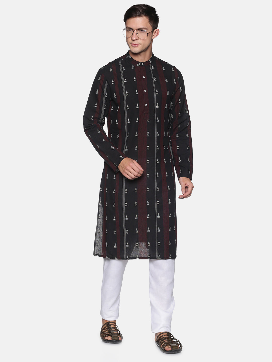 Black striped woven designed kurta with both side pockets