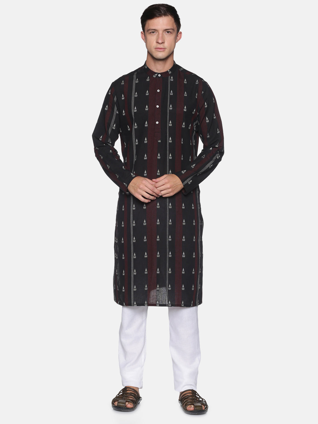 Black striped woven designed kurta with both side pockets