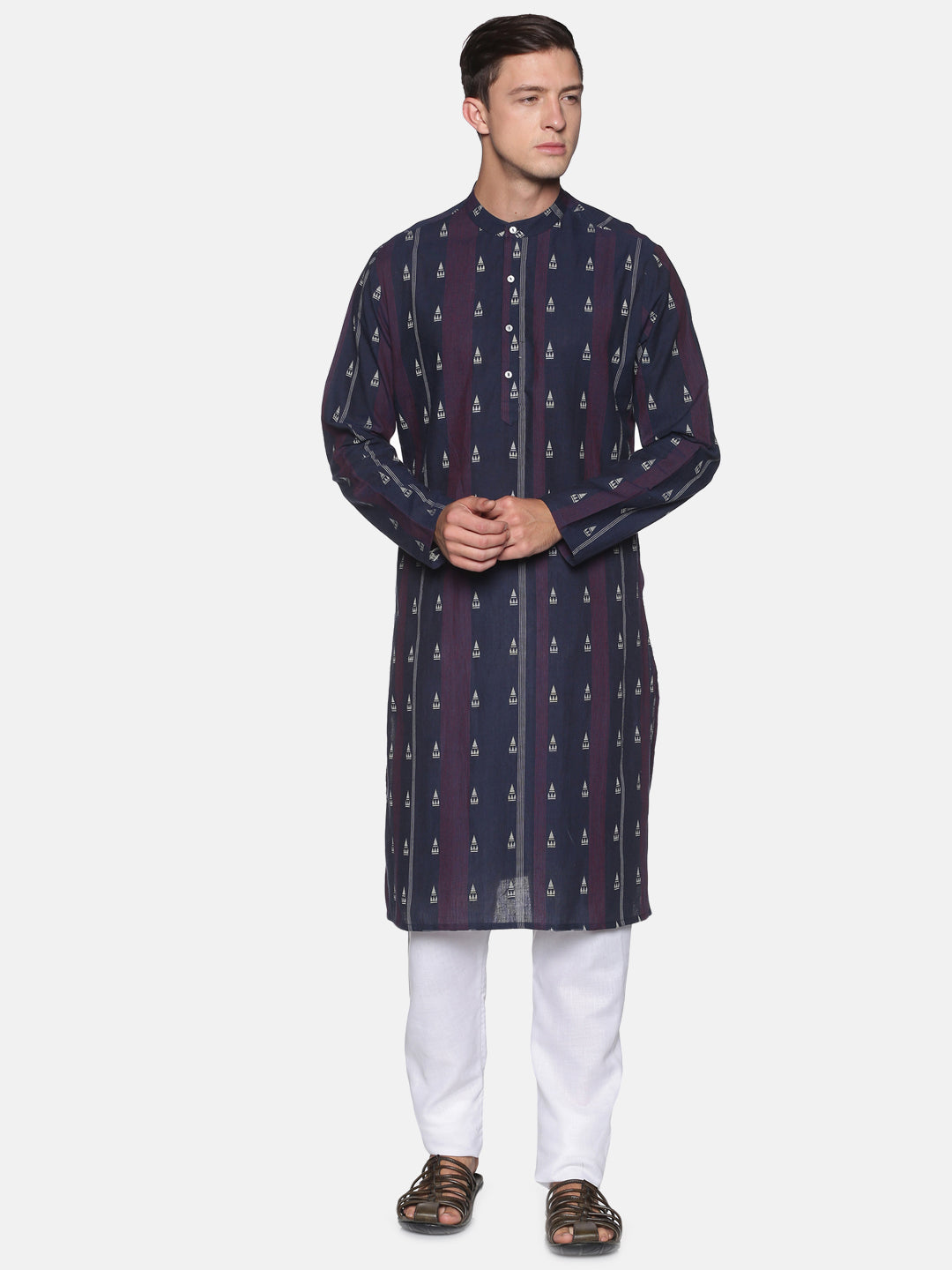 Navy blue striped woven designed kurta with both side pockets