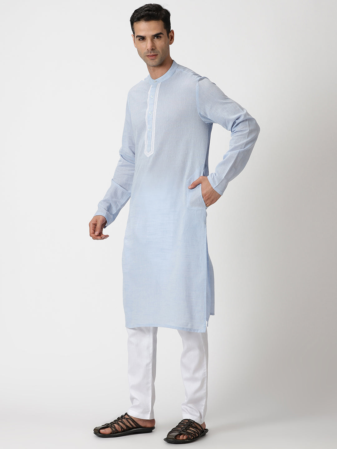 Blue Cotton Kurta with Embroidery around the Placket
